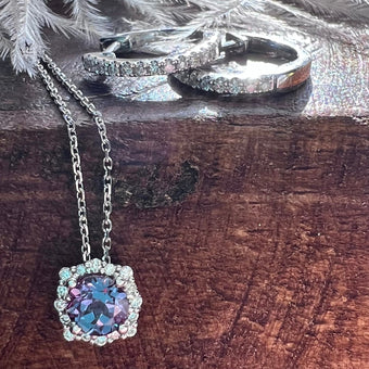 Maci Alexandrite and Diamond Halo Pendant Necklace