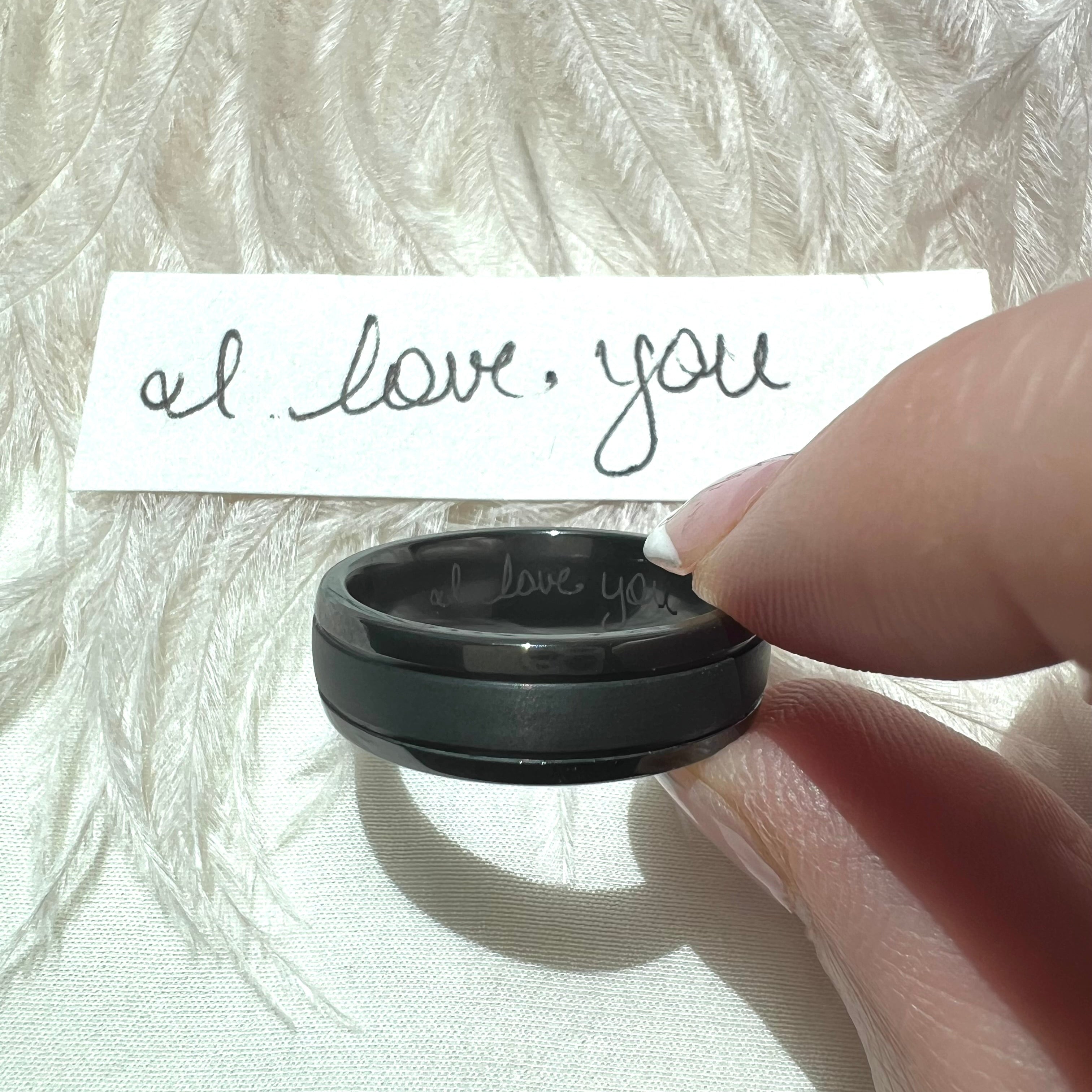 handwritten engraving in Men's Tantlum Wedding Band "I love you"